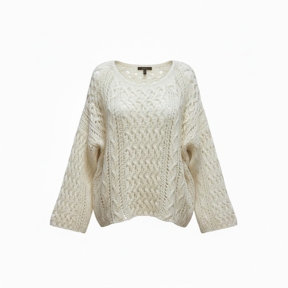 Free People Sweaters - Free People Cream Cable Knit Sweater Ivory Boho Bell‎ Sleeve Scoop Neck